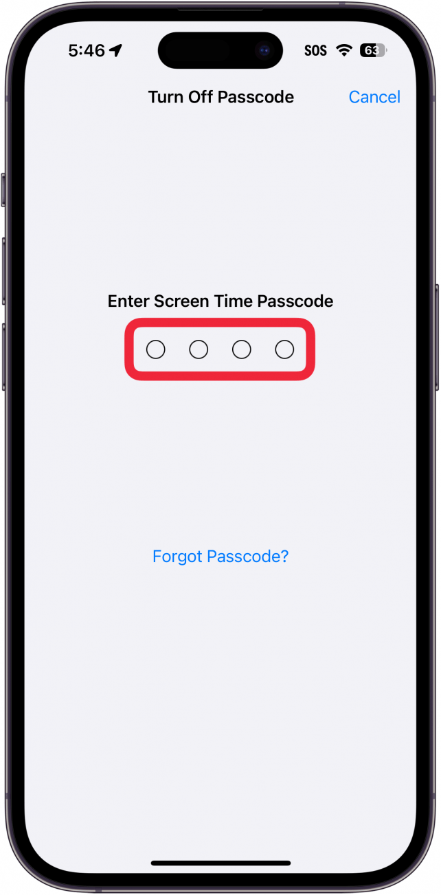 configuración de tiempo de pantalla del iPhone que solicita al usuario que ingrese su contraseña