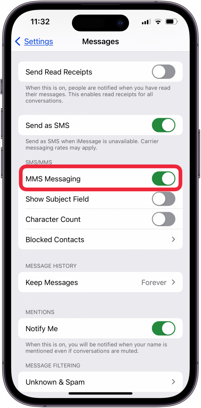 asegúrese de que mms y mensajes grupales estén activados