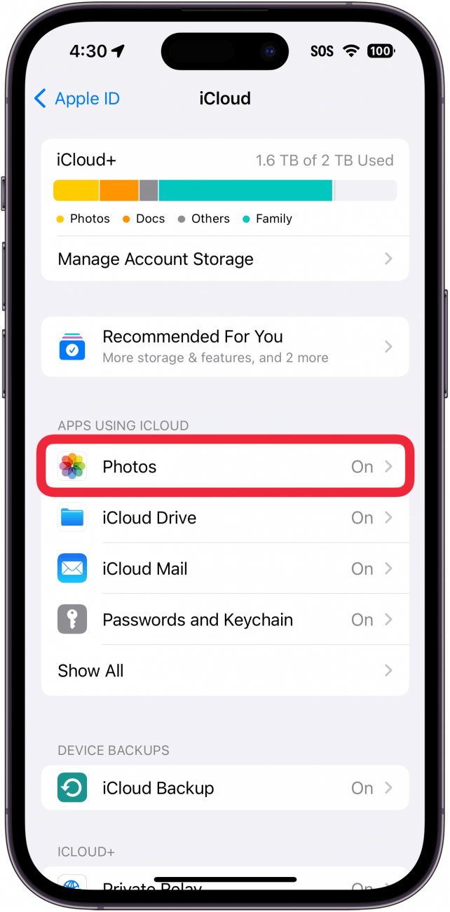 Configuración de iCloud del iPhone con un cuadro rojo alrededor de las fotos.
