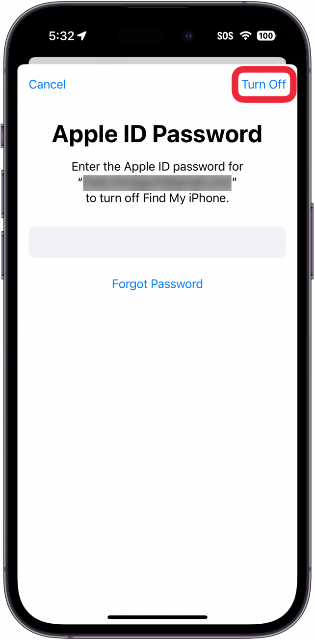 proceso de cierre de sesión de ID de Apple del iPhone con un cuadro rojo alrededor del botón de apagado