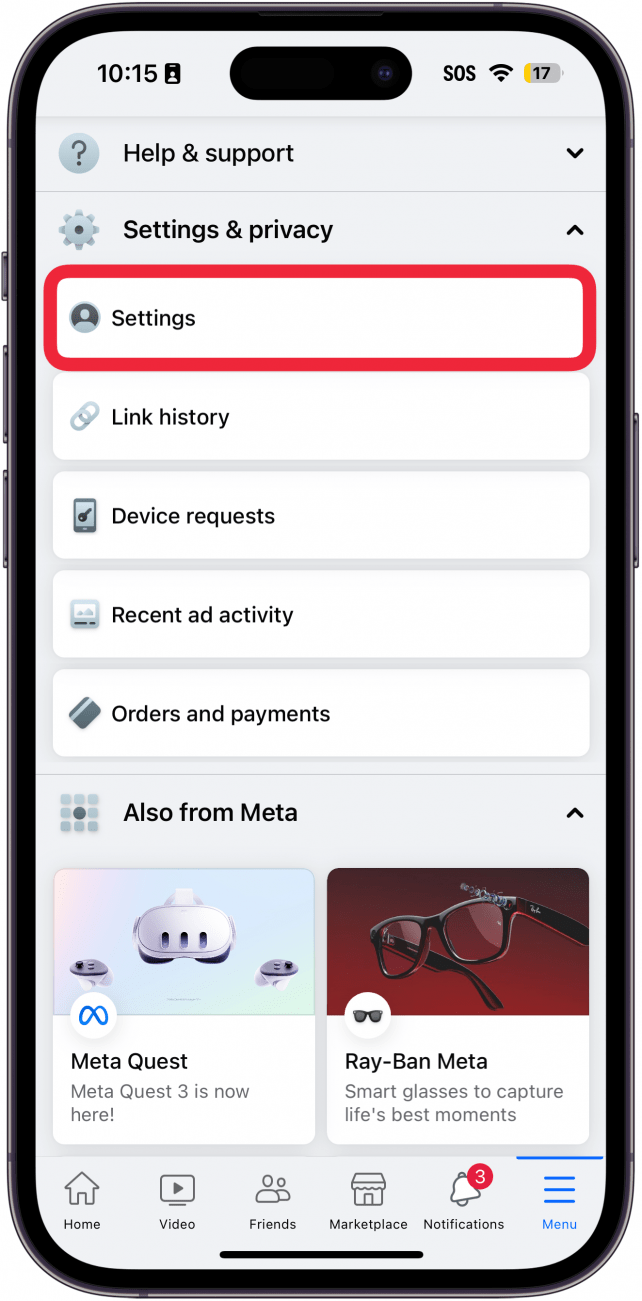 aplicación de Facebook para iPhone con un cuadro rojo alrededor de la configuración