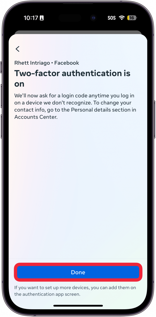 Configuración 2fa de la aplicación Facebook para iPhone con un cuadro rojo alrededor del botón Listo