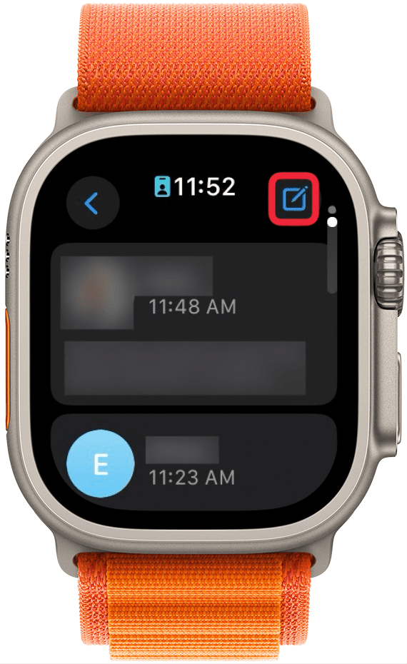 aplicación de mensajes de Apple Watch con un cuadro rojo alrededor del botón de mensaje nuevo