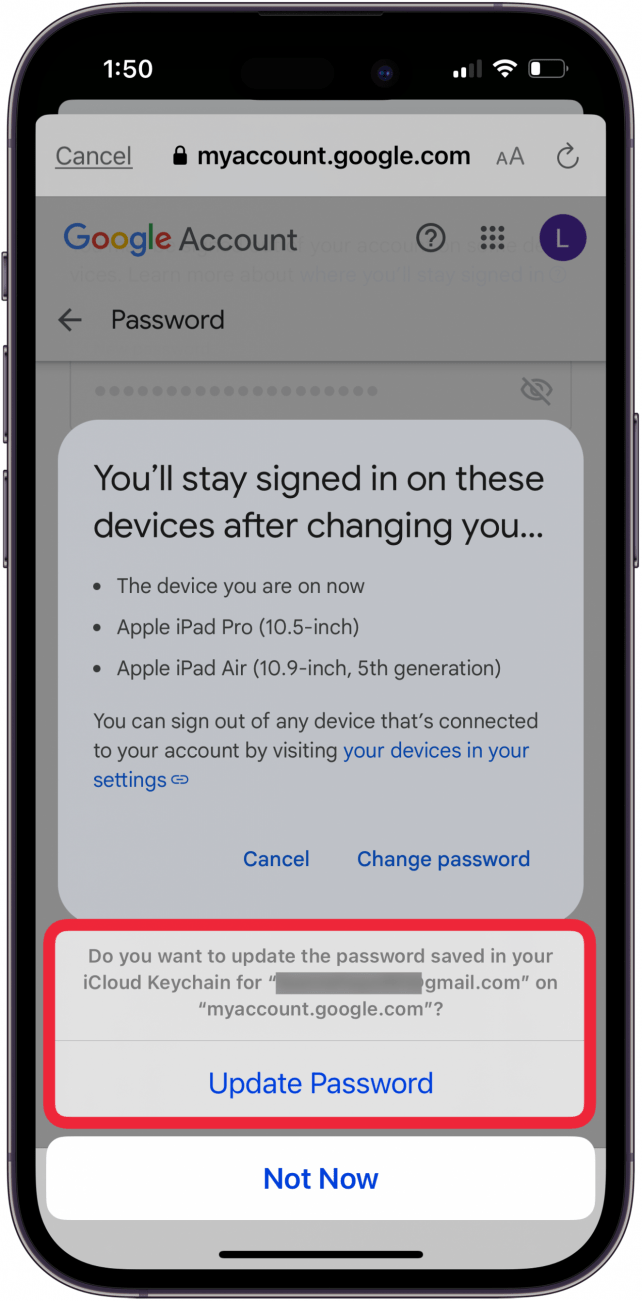 toque actualizar contraseña para actualizar el llavero de iCloud