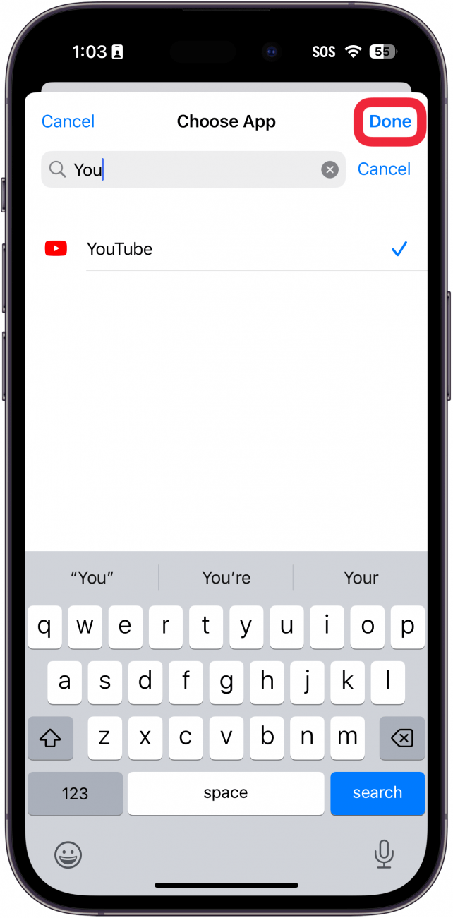 Configuración de automatización de aplicaciones de accesos directos de iPhone mostrando aplicaciones con un cuadro rojo alrededor del botón Listo