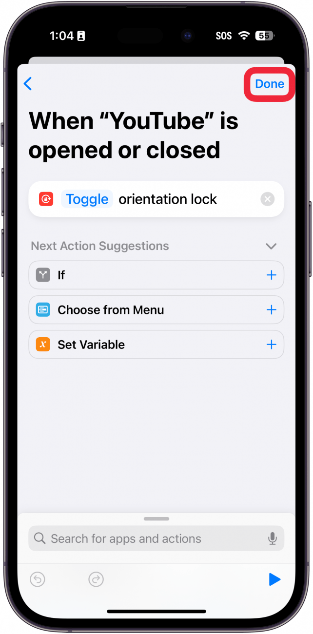 Automatización de aplicaciones de accesos directos de iPhone configurada con un cuadro rojo alrededor del botón Listo