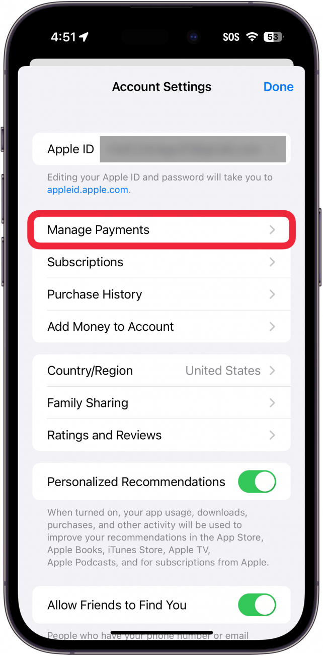 Configuración de ID de Apple de la tienda de aplicaciones de iPhone con un cuadro rojo alrededor de administrar pagos