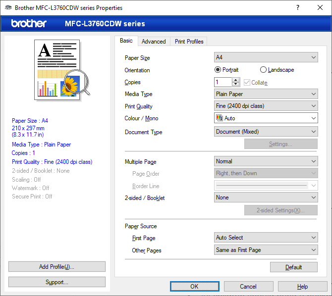Captura de pantalla de Windows del controlador de impresión Brother