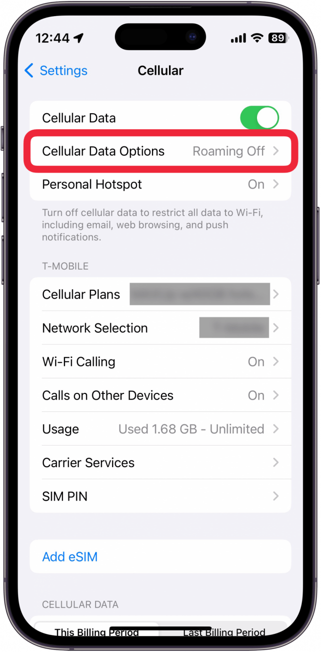 Configuración celular del iPhone con un cuadro rojo alrededor de las opciones de datos celulares.