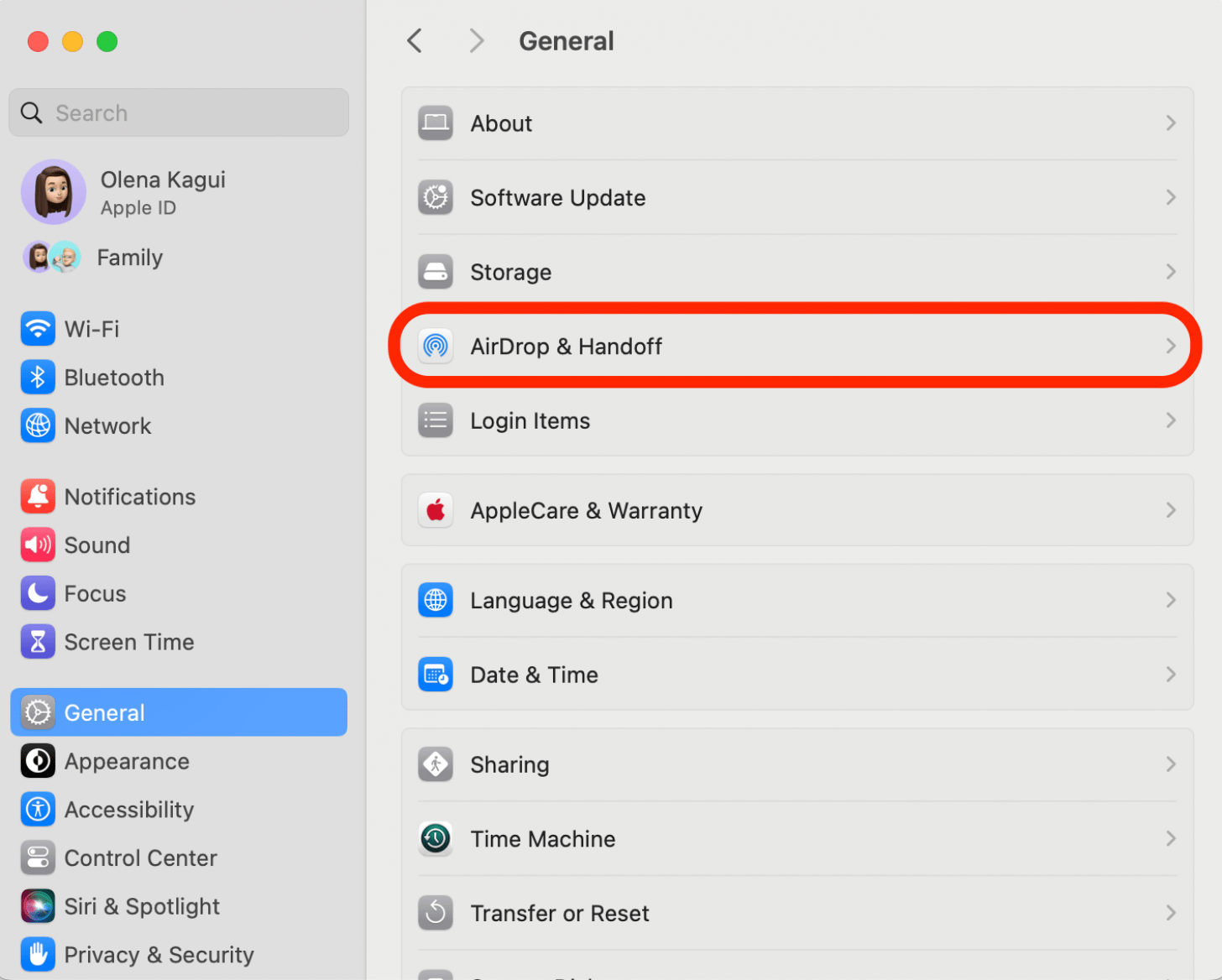 Navegue hasta General y haga clic en AirPlay & Handoff.