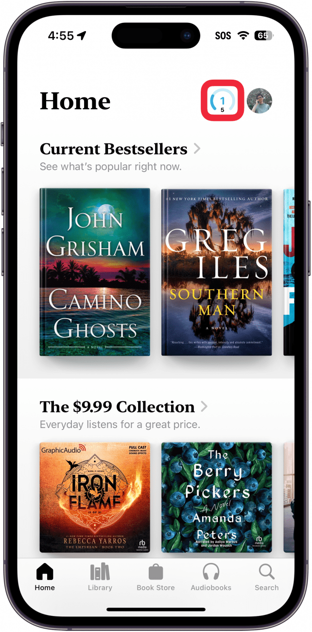 aplicación de libros para iPhone con un cuadro rojo alrededor del contador de objetivos de lectura en la esquina superior derecha