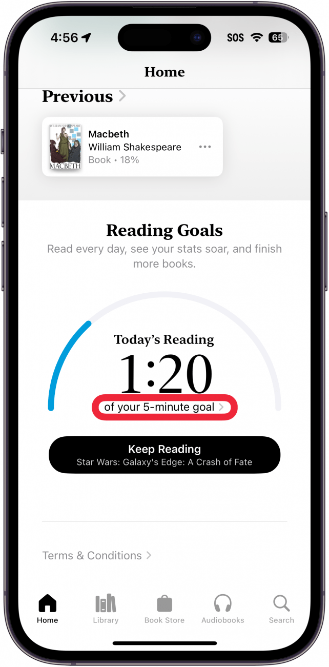 aplicación de libros para iPhone que muestra objetivos de lectura, lo que indica que el usuario ha completado un minuto y veinte segundos de su objetivo de cinco minutos, con un cuadro rojo alrededor 