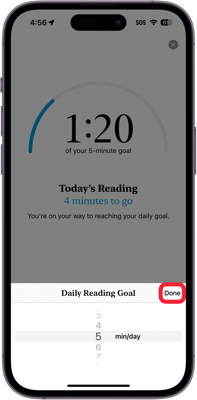 Menú de objetivos de lectura de la aplicación de libros para iPhone que muestra opciones de objetivos de lectura que van desde 1 minuto hasta 1440 minutos, con un cuadro rojo alrededor del botón Listo
