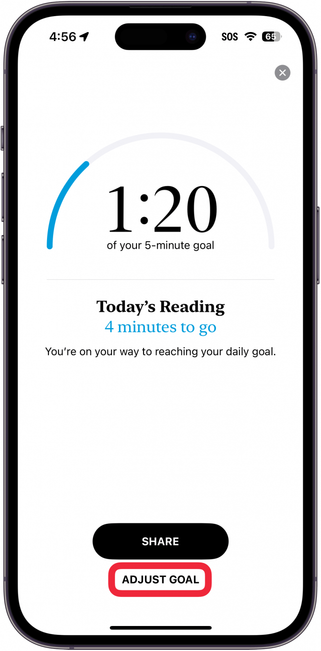 Menú de objetivos de lectura de la aplicación de libros para iPhone con un cuadro rojo alrededor del botón de ajuste de objetivo