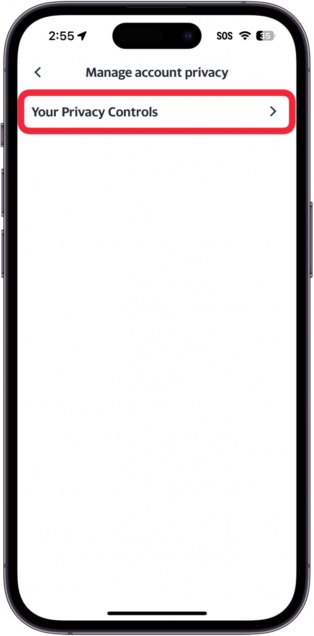 Configuración de privacidad de la aplicación de correo Yahoo de iPhone con un cuadro rojo alrededor de los controles de privacidad.