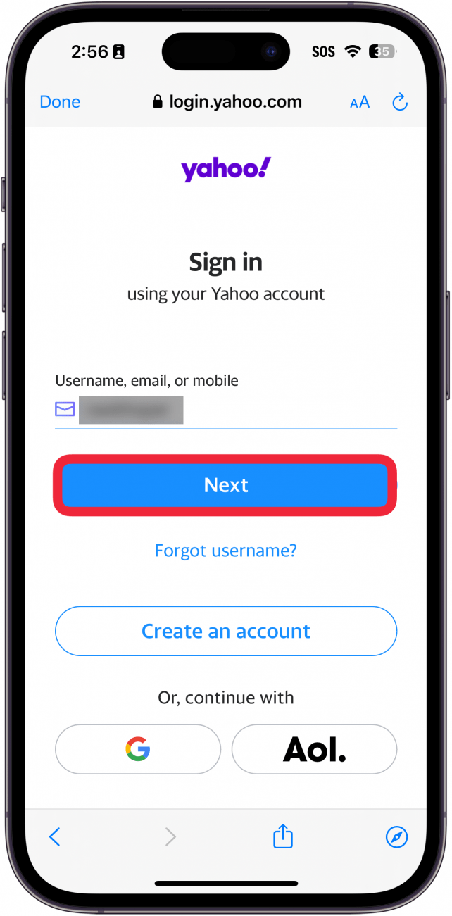 Configuración de privacidad de la aplicación de correo Yahoo de iPhone que muestra un mensaje de inicio de sesión, con un cuadro rojo alrededor del botón Siguiente.