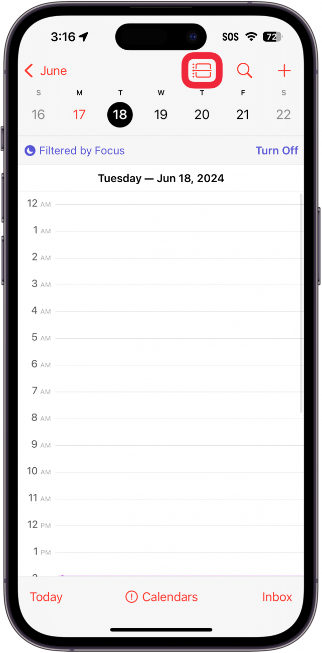 aplicación de calendario para iPhone con un cuadro rojo alrededor del botón de lista