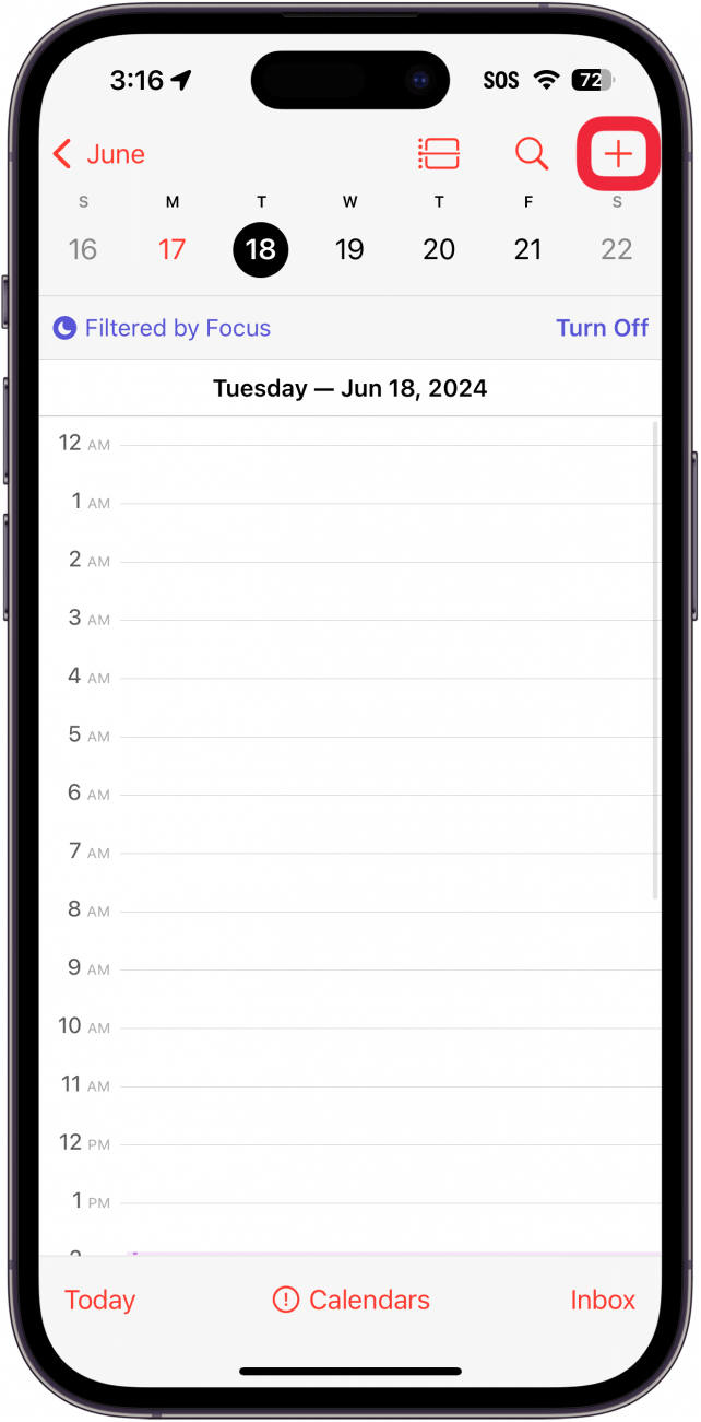 aplicación de calendario para iPhone con un cuadro rojo alrededor del ícono más
