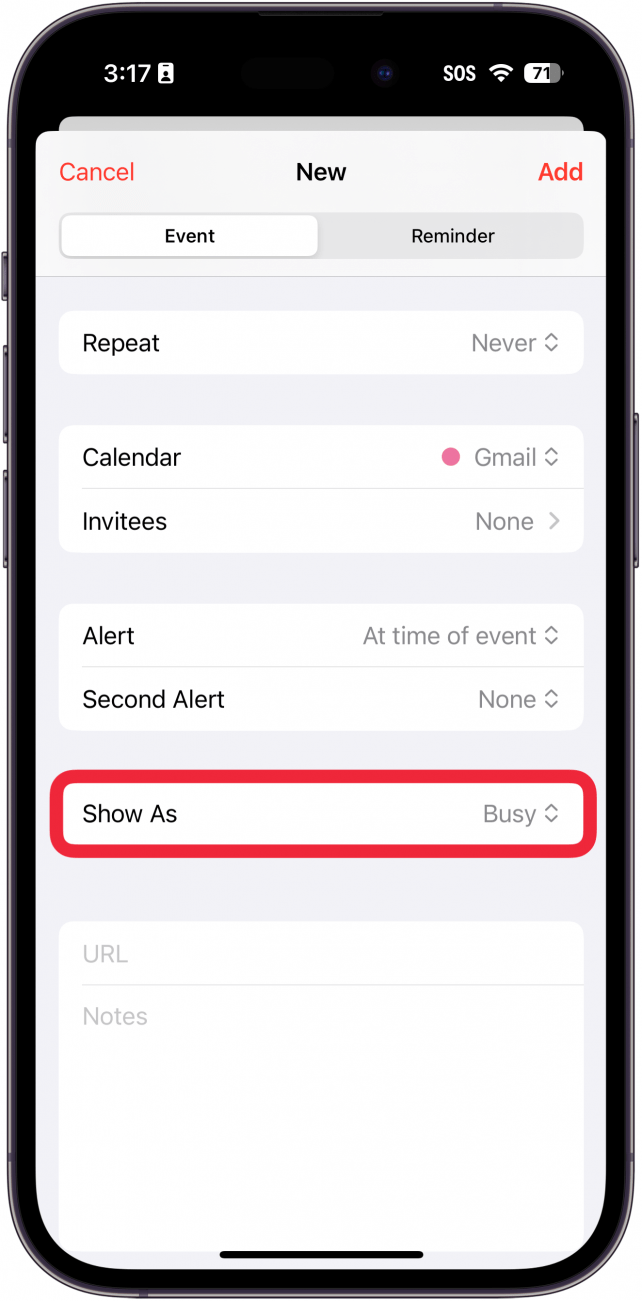 aplicación de calendario para iPhone nueva pantalla de creación de eventos con un cuadro rojo alrededor del botón Mostrar como