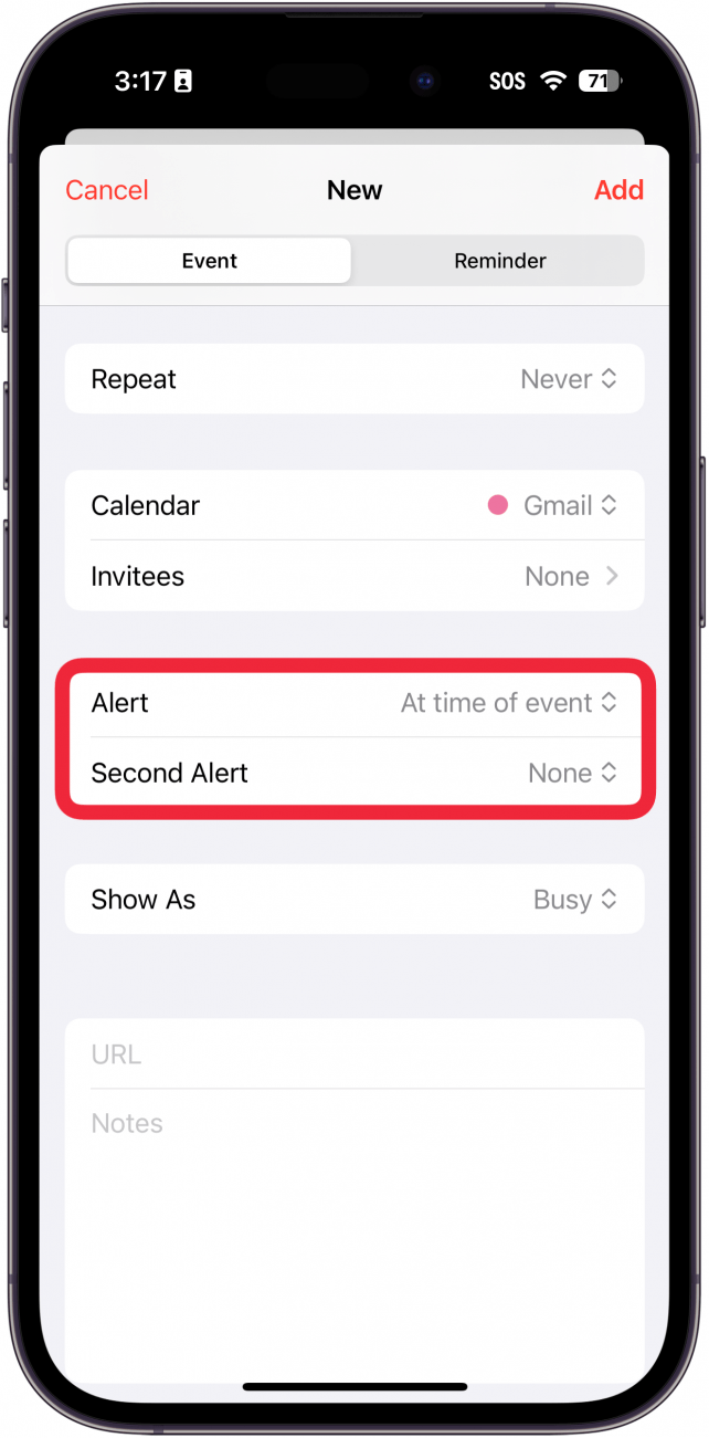 aplicación de calendario para iPhone nueva pantalla de creación de eventos con un cuadro rojo alrededor de las opciones de alerta