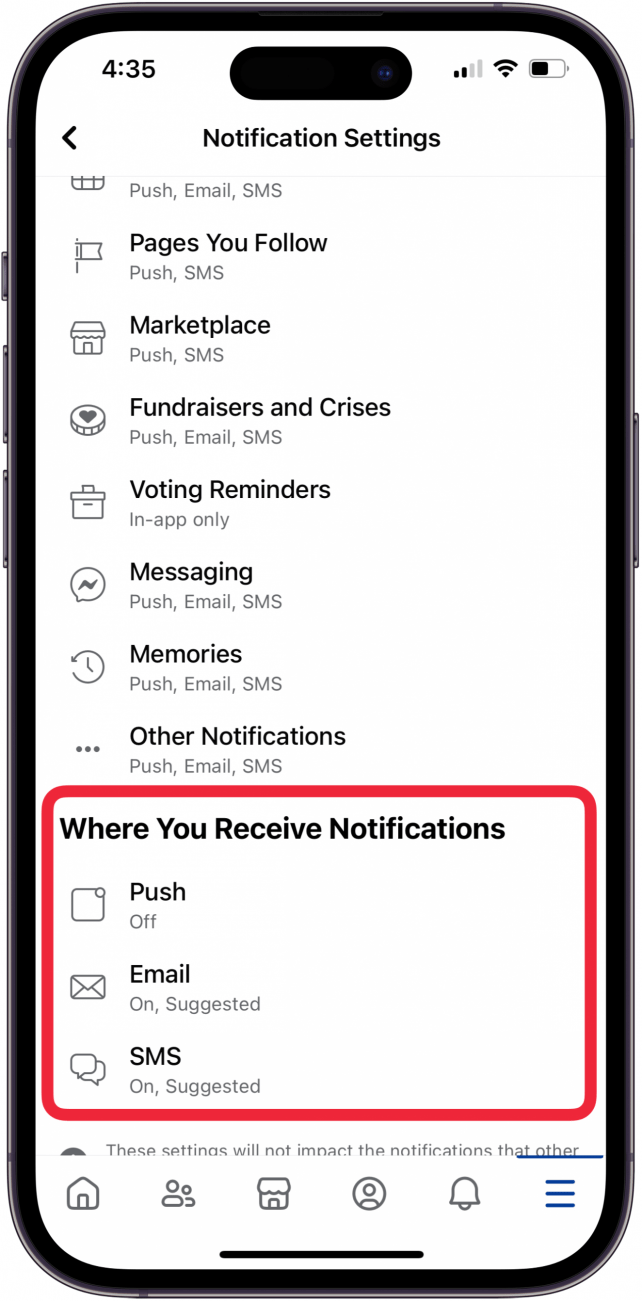Pulsa Push Email y SMS para cambiar las notificaciones de Facebook