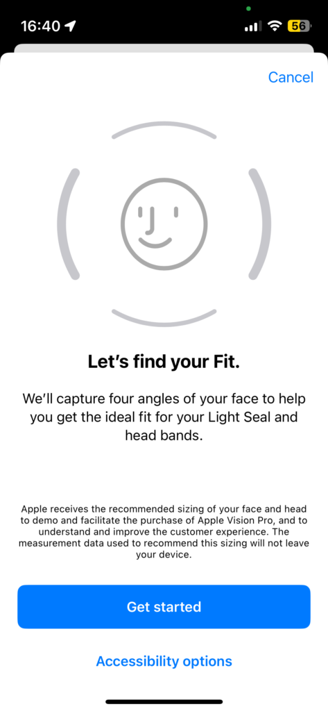 Captura de pantalla del escaneo facial para Apple Vision Pro
