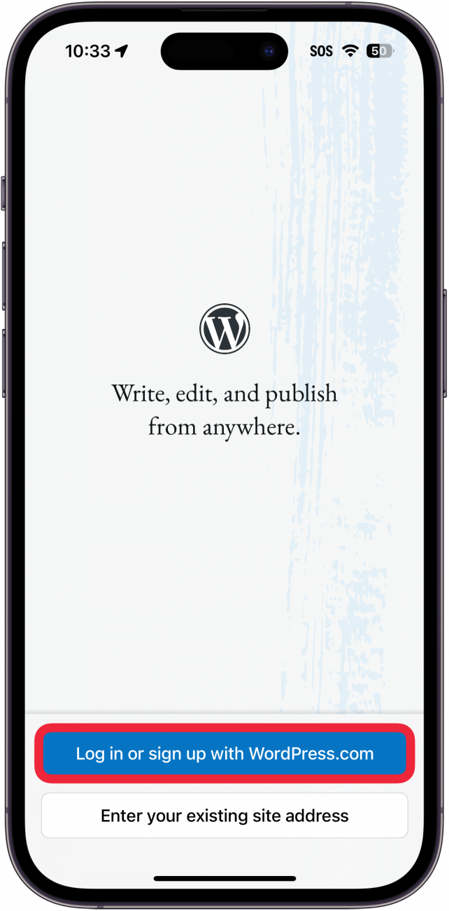 Aplicación de WordPress para iPhone con un cuadro rojo alrededor Iniciar sesión o registrarse con el botón WordPress.com