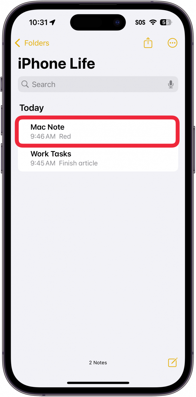 Aplicación de notas para iPhone con un cuadro rojo alrededor de una nota titulada 