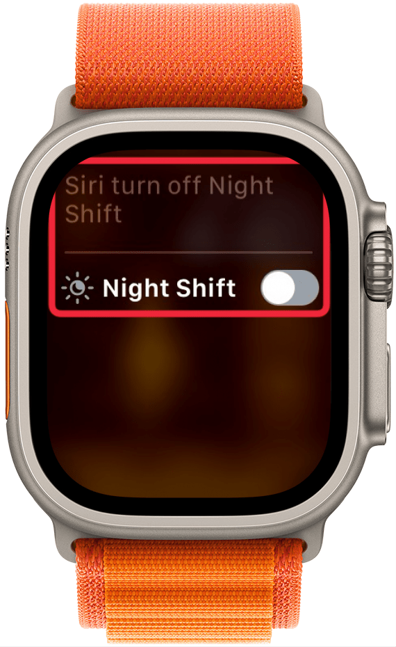 Interacción con Siri en Apple Watch que muestra un interruptor para el turno de noche que está en gris, lo que indica que está deshabilitado