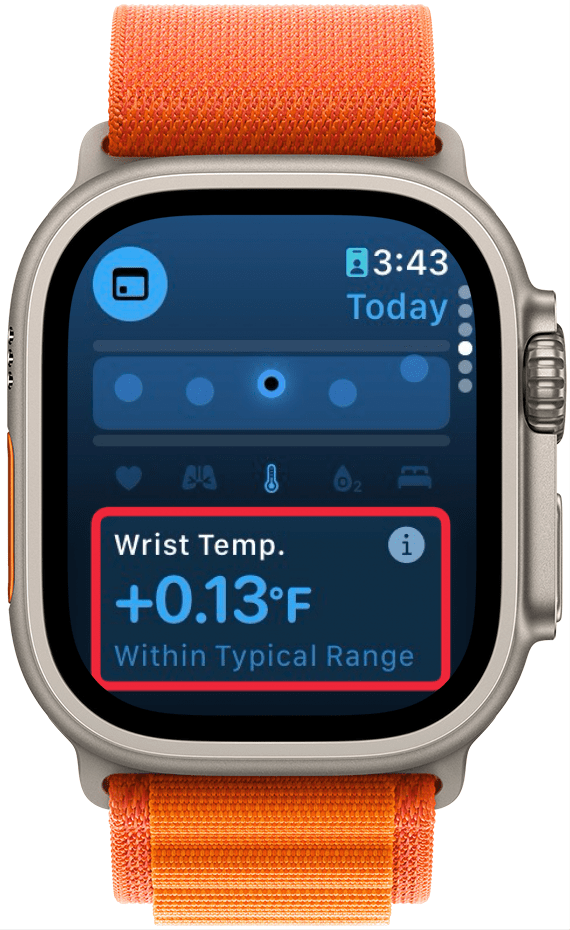 Aplicación Apple Watch Vitals con un cuadro rojo alrededor de la temperatura de la muñeca