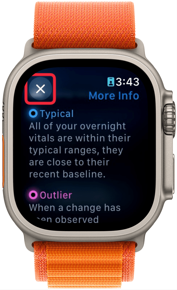 La aplicación Apple Watch Vitals muestra una explicación sobre los signos vitales típicos y atípicos con un cuadro rojo alrededor del ícono x para cerrar la pantalla