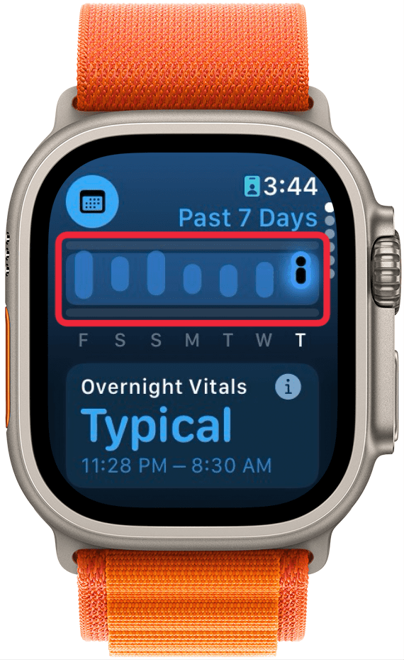 Aplicación de signos vitales del Apple Watch con un cuadro rojo alrededor de un gráfico de 7 días que muestra los datos de signos vitales de la última semana