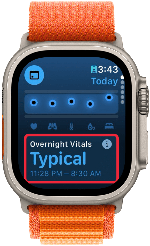 Aplicación Apple Watch Vitals con un recuadro rojo alrededor de los signos vitales nocturnos