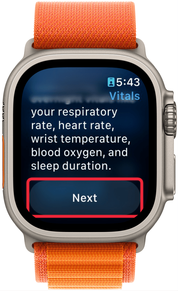 Pantalla de introducción de la aplicación Apple Watch Vitals con un cuadro rojo alrededor del botón Siguiente
