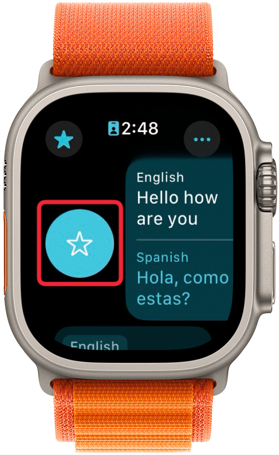 Aplicación de traducción de Apple Watch con un recuadro rojo alrededor del botón de favoritos