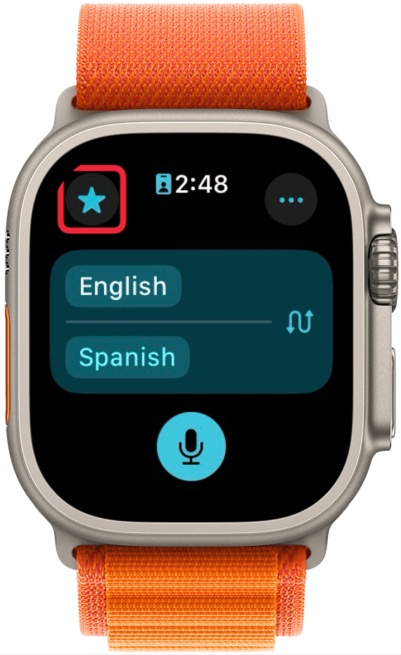 Aplicación de traducción de Apple Watch con un recuadro rojo alrededor del botón de favoritos