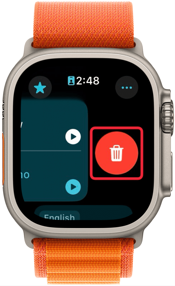Aplicación de traducción de Apple Watch con un cuadro rojo alrededor del botón de eliminar