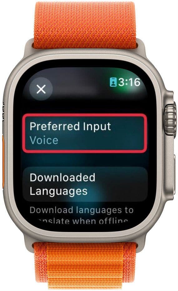 Configuración de la aplicación de traducción de Apple Watch con un cuadro rojo alrededor de la entrada preferida