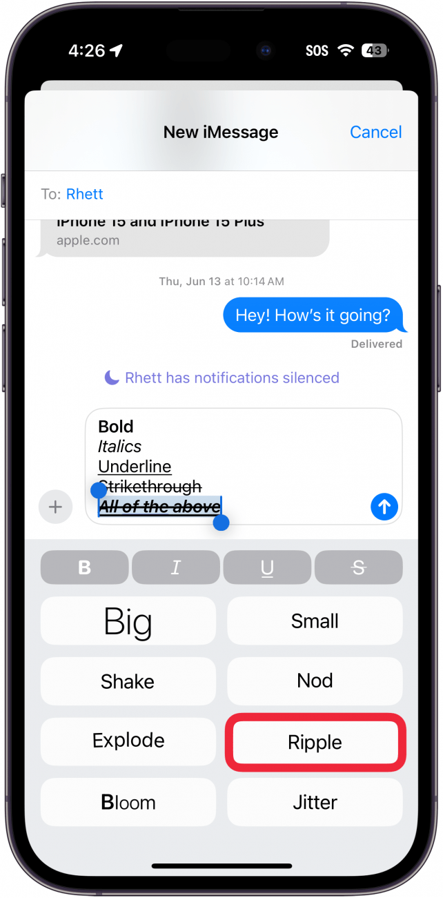 Aplicación de mensajes de iPhone que muestra diferentes efectos de texto con un cuadro rojo alrededor de una onda