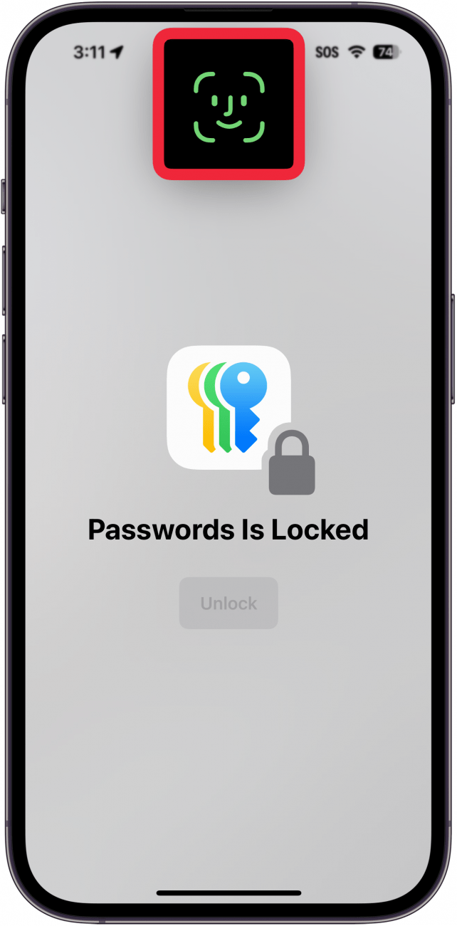 Aplicación de contraseñas para iPhone con un cuadro rojo alrededor del indicador de identificación facial