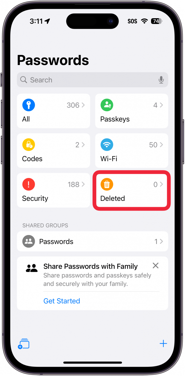 Aplicación de contraseñas de iPhone con un cuadro rojo alrededor eliminada