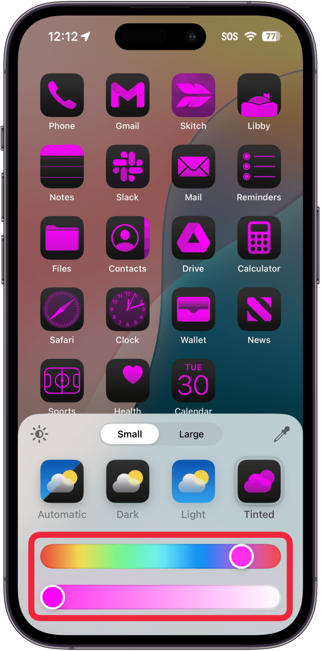 Menú de personalización de tonos de la aplicación de pantalla de inicio de iPhone con un cuadro rojo alrededor de los controles deslizantes de color