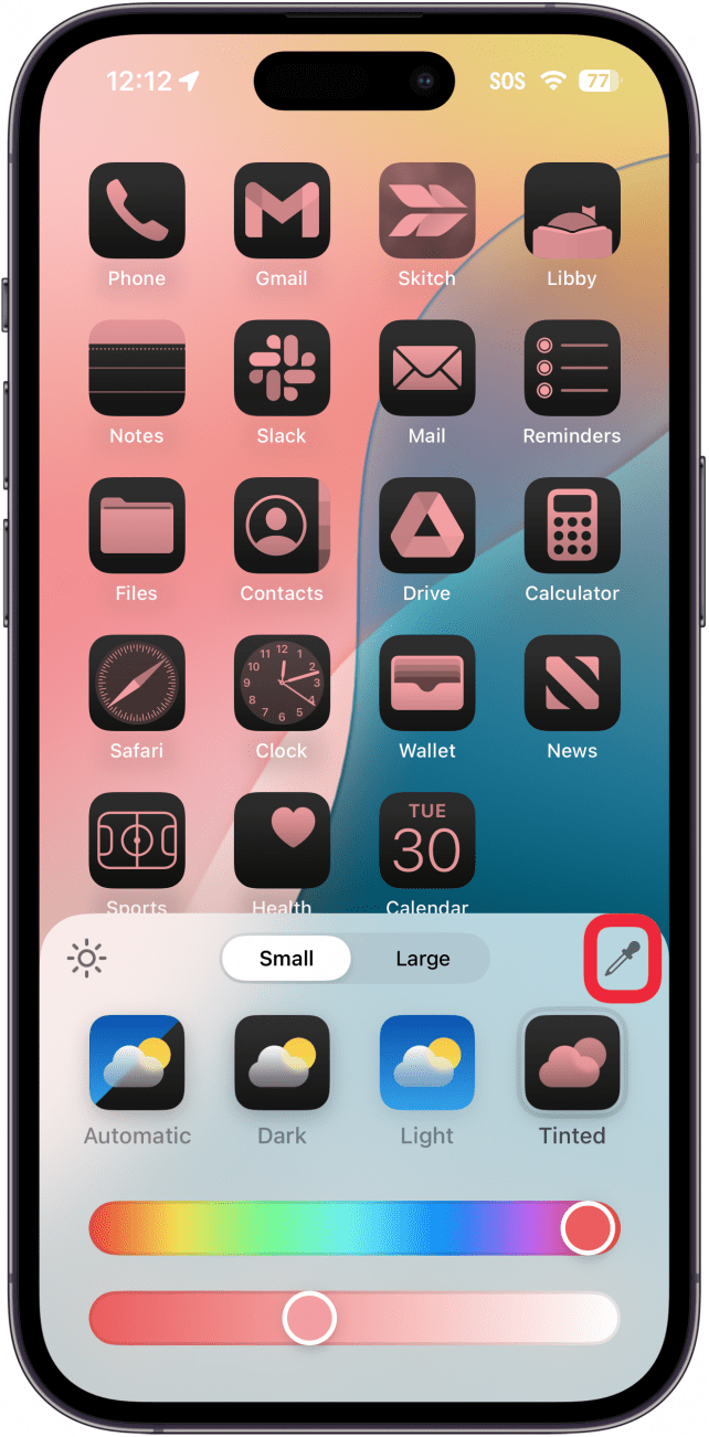 Menú de personalización de tinte de la aplicación de pantalla de inicio de iPhone con un cuadro rojo alrededor de la herramienta Cuentagotas