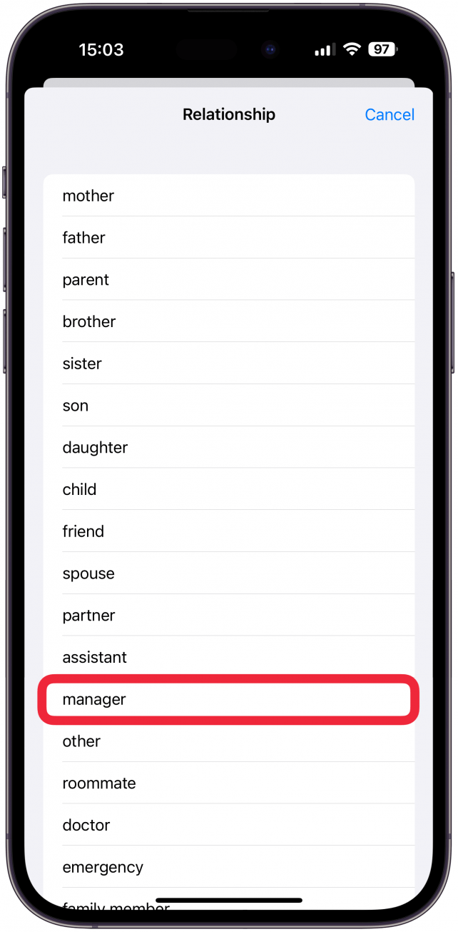 Luego seleccione su relación con usted.