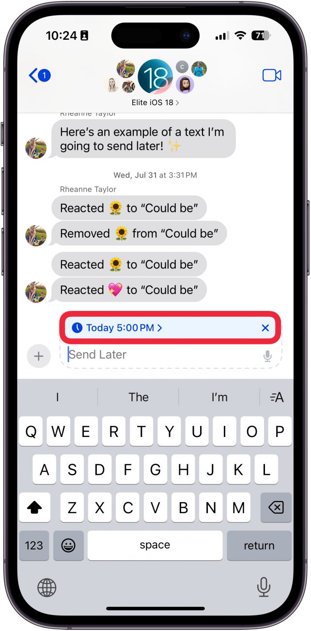 Aplicación de mensajes de iPhone que programa mensajes con un cuadro rojo alrededor de la fecha y hora de envío posterior