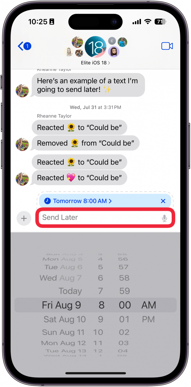 Aplicación de mensajes de iPhone que programa mensajes y muestra una rueda de desplazamiento con fechas y horas con un cuadro rojo alrededor del campo de entrada de texto
