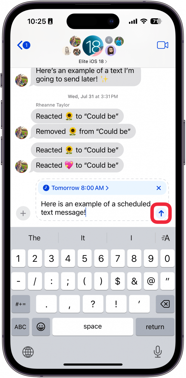 Programación de mensajes de la aplicación de mensajes de iPhone con un cuadro rojo alrededor del botón de envío