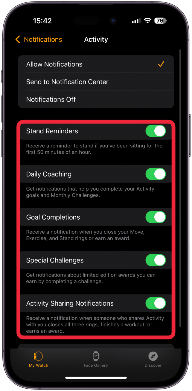 Algunas aplicaciones, como Actividad, tendrán opciones de notificación específicas de la aplicación.