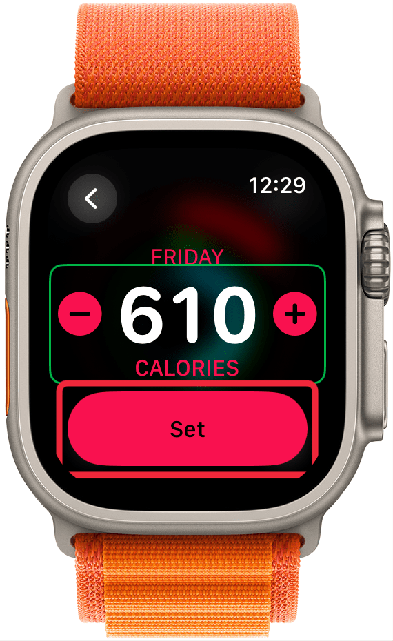 Utilice la Digital Crown o toque el signo más o menos para cambiar el objetivo de calorías. Luego toque Establecer.