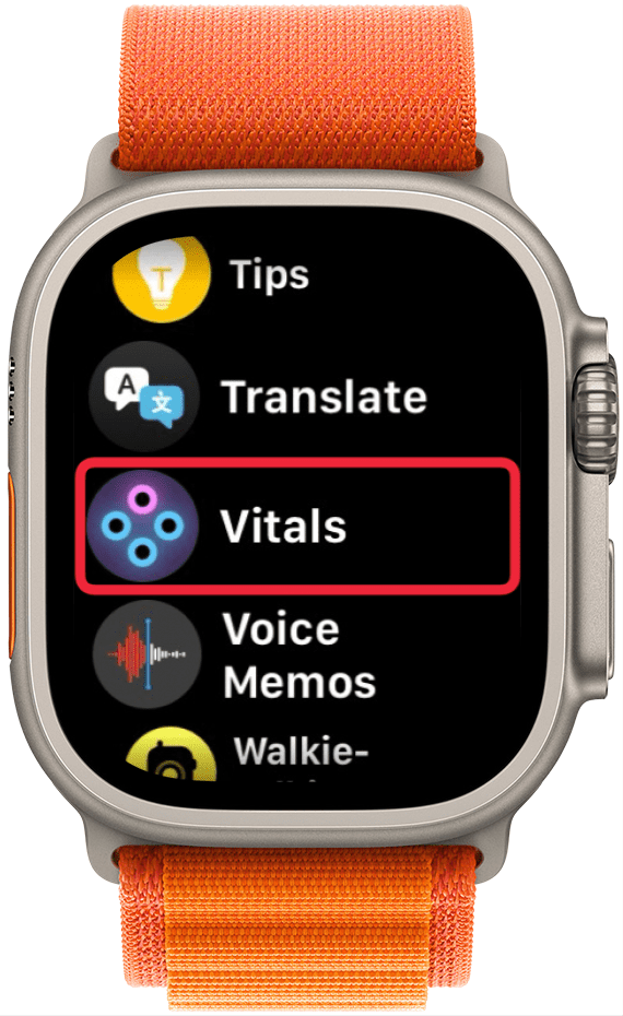 Lista de aplicaciones del Apple Watch con un recuadro rojo alrededor de la aplicación Vitals